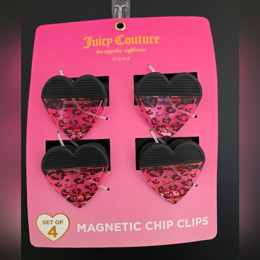 NWT Juicy Couture Pink Leopard Heqrt Print Magnetic Chip Clips - Set Of 4
